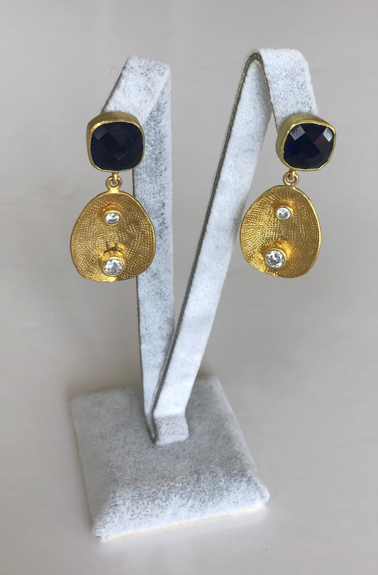 Turkish earrings - gold plated and sapphire blue polished stone