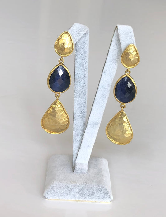 Turkish earrings - gold plated with sapphire blue polished stone